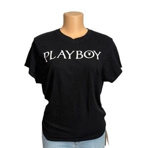 Playboy Graphic T-Shirt Womens Large Black Cotton Short Sleeve Logo Crew Neck